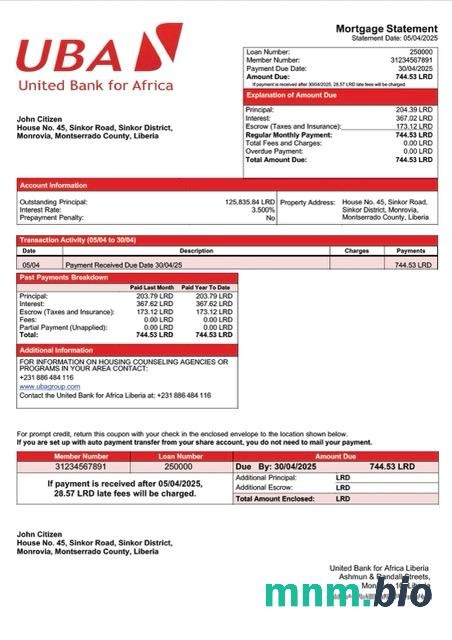 Liberia United Bank for Africa Liberia wyciąg z kredytu hipotecznego szablon Word i PDF